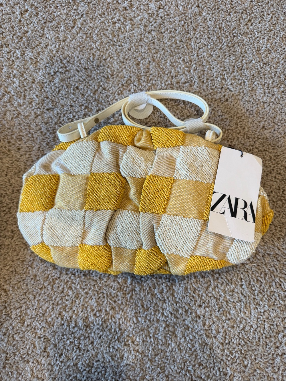 ZARA Yellow & Cream Woven Checker Shoulder Bag